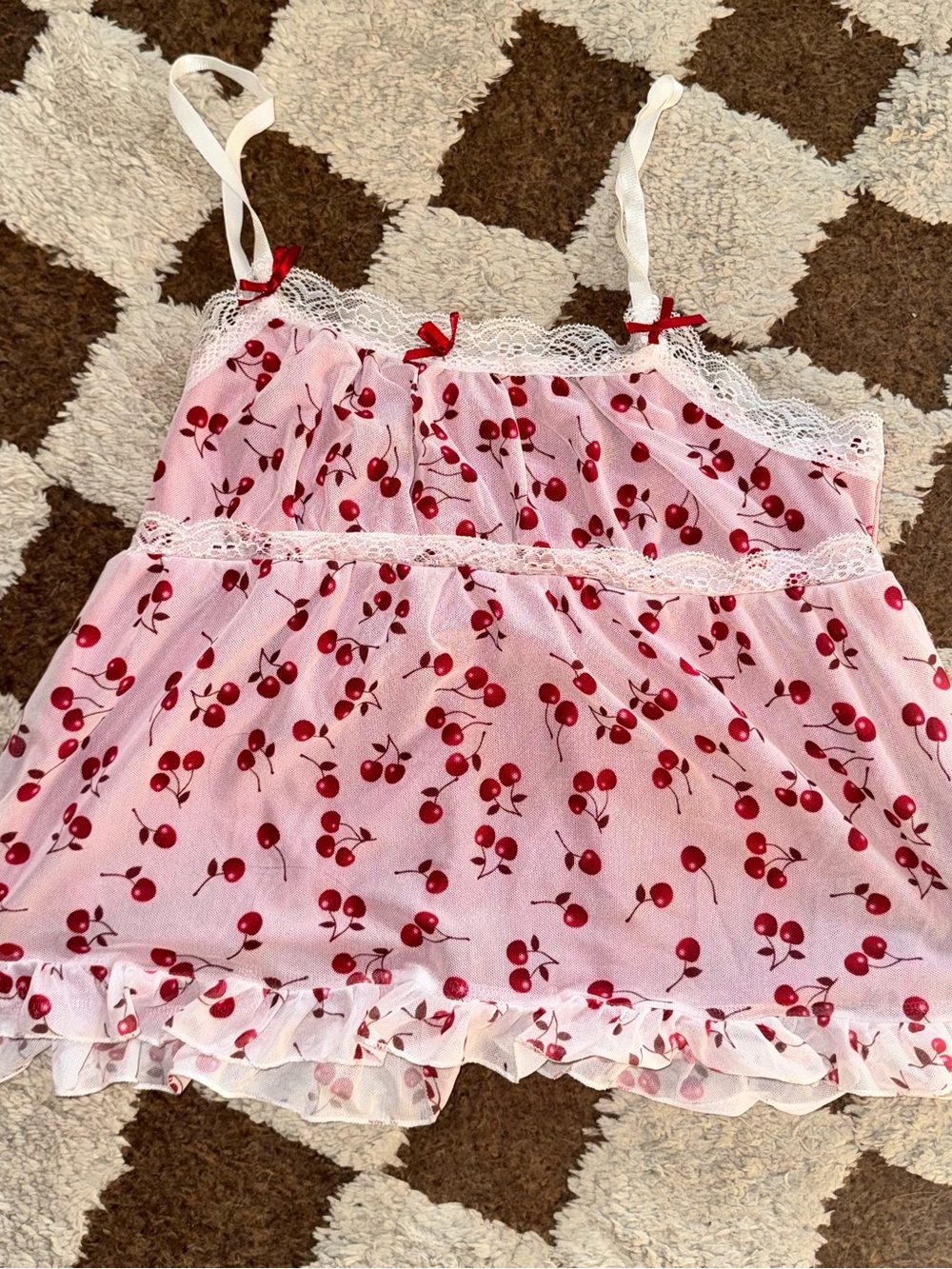 Women’s Cherry Print Pink Lace Trim Babydoll Chemise